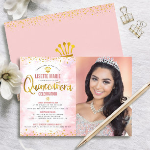 Invitación Foto de Quinceañera, Purpurina de oro rosa de Rubo