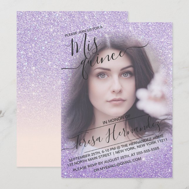 Invitación Foto de Quinceañera, Purpurina espárrago azul púrp (Anverso / Reverso)