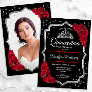 Invitación Foto de Quinceanera roja de plata negra
