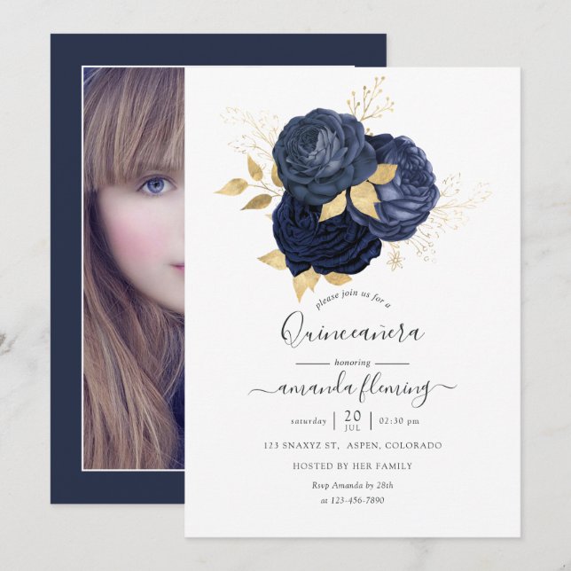 Invitación Foto de Quinceañera, Rosa de cosecha azul y oro de (Anverso / Reverso)