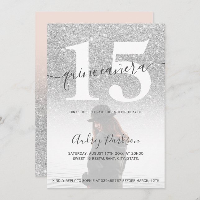 Invitación Foto de quinceañera rosa rosa rosada purpurina de  (Anverso / Reverso)