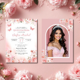 Invitación Foto de Quinceañera Rubor Floral rosa rosa