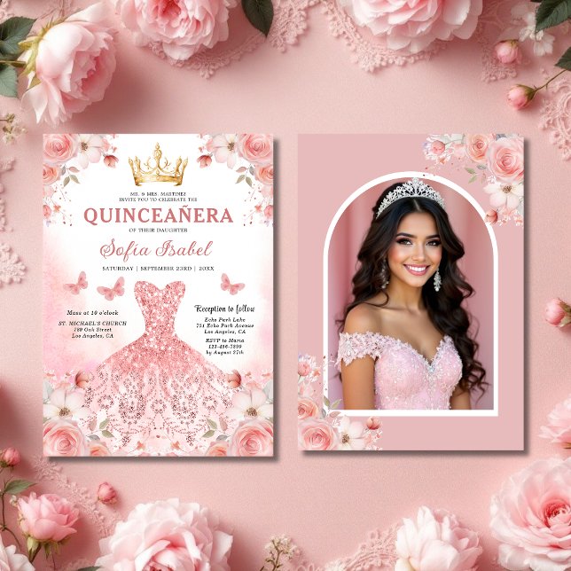 Invitación Foto de Quinceañera Rubor Floral rosa rosa (Subido por el creador)