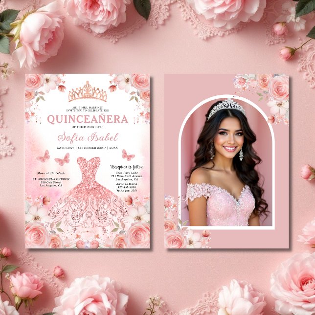Invitación Foto de Quinceañera Rubor Floral rosa rosa (Subido por el creador)