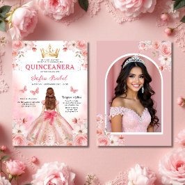 Invitación Foto de Quinceañera Rubor Floral rosa rosa