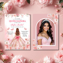 Invitación Foto de Quinceañera Rubor Floral rosa rosa