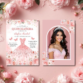 Invitación Foto de Quinceañera Rubor Floral rosa rosa