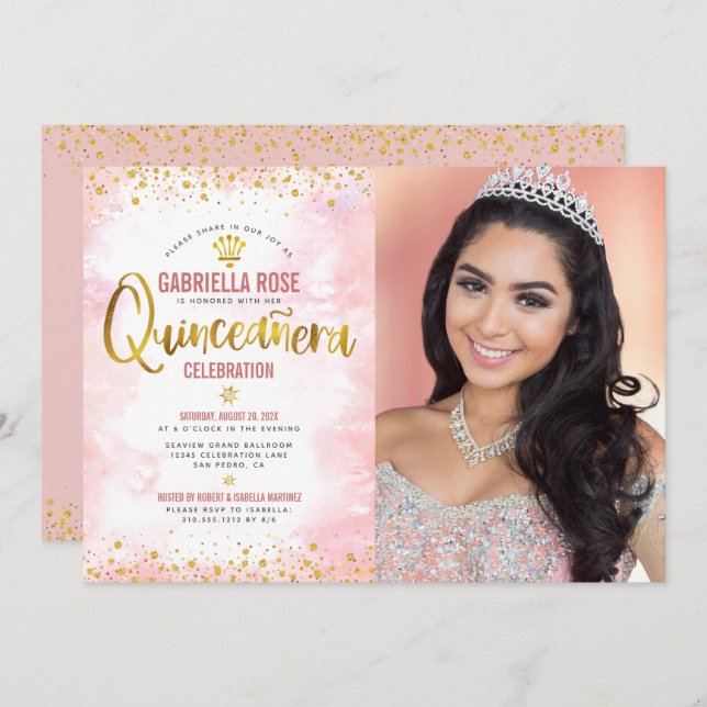 Invitación Foto de Quinceañera Rubor Purpurina de oro rosa Ti (Anverso / Reverso)