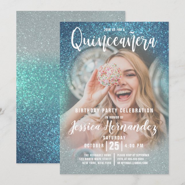 Invitación Foto de Quinceañera, triple Purpurina azul de Ceru (Anverso / Reverso)