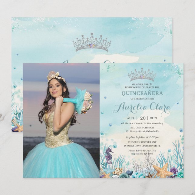 Invitación Foto de Quinceañera Under Sea Beach Shells (Anverso / Reverso)