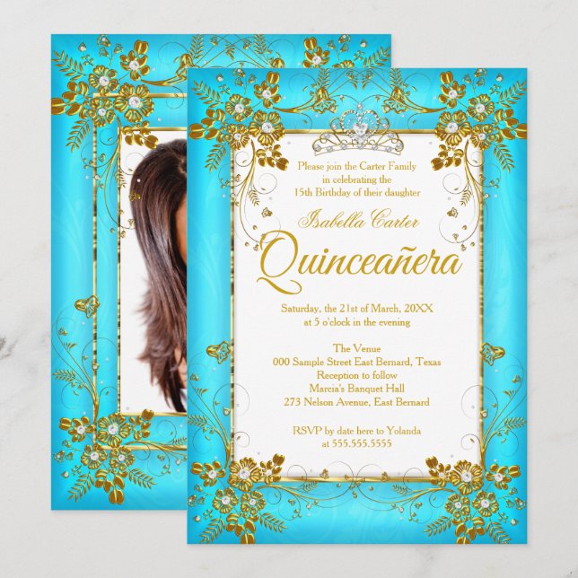 Invitación Foto de Quinceanera Verde azulado Diamante Azul de (Anverso / Reverso)