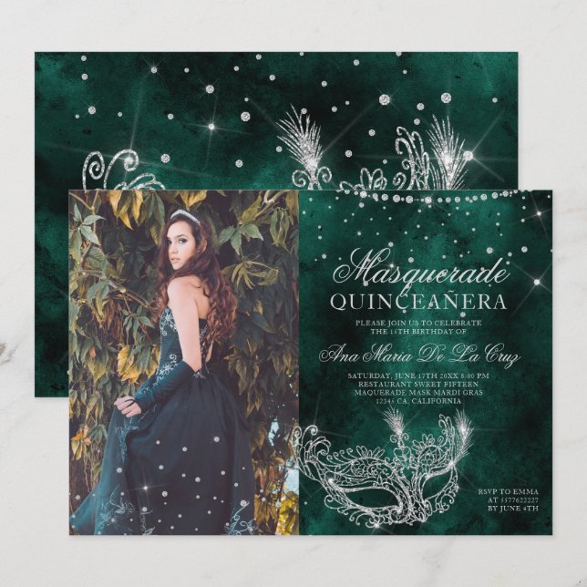 Invitación Foto de quinceanera verde purpurina de plata de ma (Anverso / Reverso)