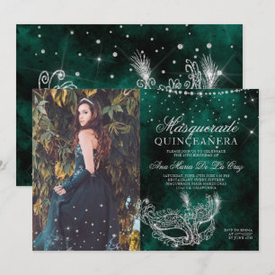 Invitación Foto de quinceanera verde purpurina de plata de ma