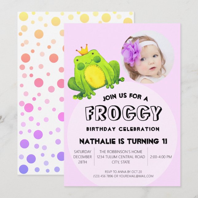 Invitación Foto de rana Cumpleaños Rosa Primer Fiesta Cute Po (Anverso / Reverso)
