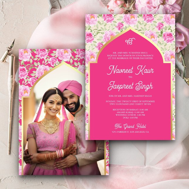Invitación Foto de Rani Pink Floral, Anand Karaj Sikh Boda (Subido por el creador)