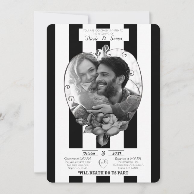 Invitación Foto de rayas blancas y negras Boda gótica (Anverso)