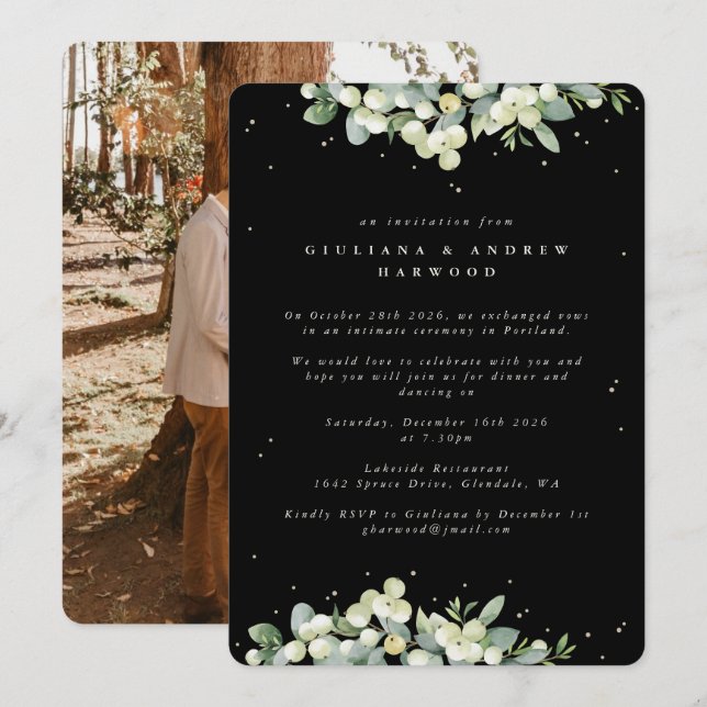 Invitación Foto de recepción de bodas Black Snowberry+Eucalyp (Anverso / Reverso)