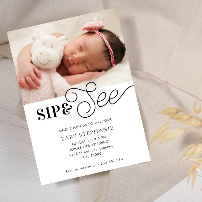 Invitación Foto De Recién Nacido, Whimsical Sip Y Ver Baby Sh (Subido por el creador)