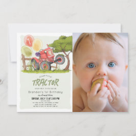 Invitación Foto de Red Tractor Farm Boy Primer cumpleaños
