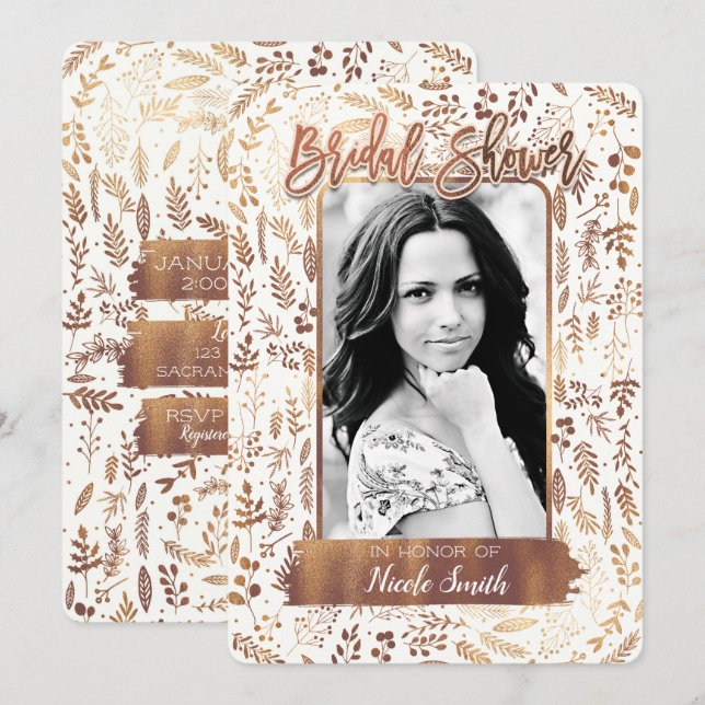Invitación Foto de Regalo de Boda Moderno con Hojas de Bronce (Anverso / Reverso)