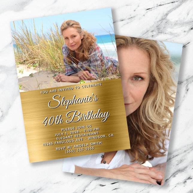 Invitación Foto de Relieve metalizado dorado 40 cumpleaños (Gold Foil Photo 40th Birthday Invitation)