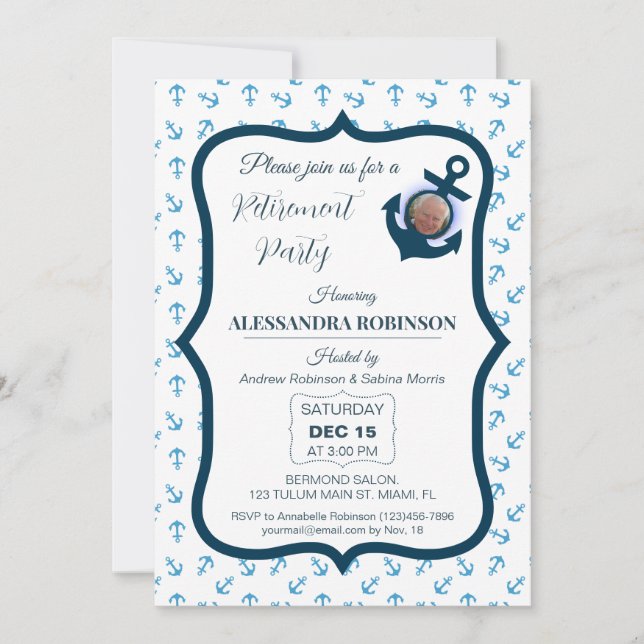 Invitación Foto de retiro náutico y tonos azules de la Marina (Anverso)