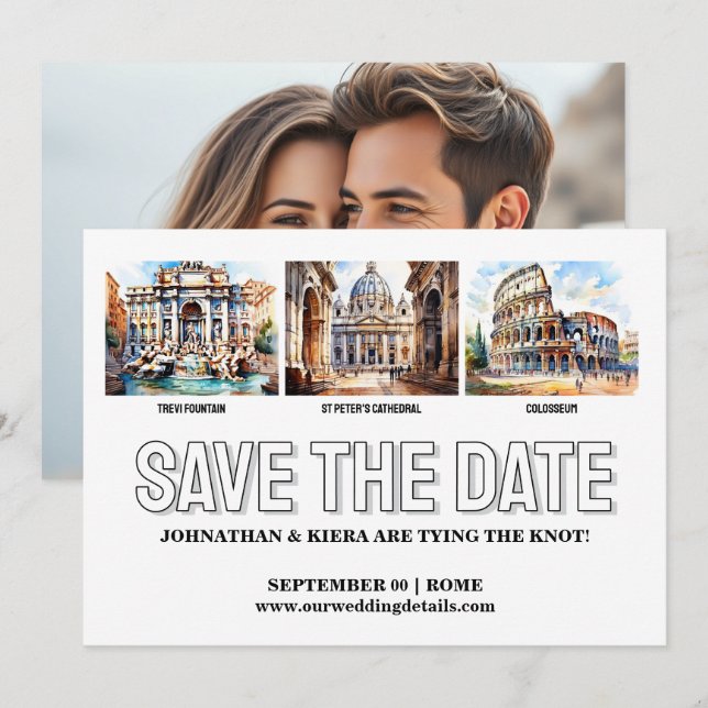 Invitación Foto de Roma guardar el destino del boda de fecha (Anverso / Reverso)
