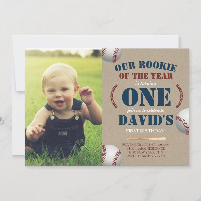 Invitación Foto de Rookie del primer cumpleaños de un niño de (Anverso)