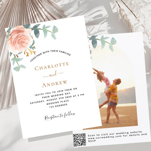 Invitación Foto de rosa floral de boda de lujo QR RSVP (Subido por el creador)