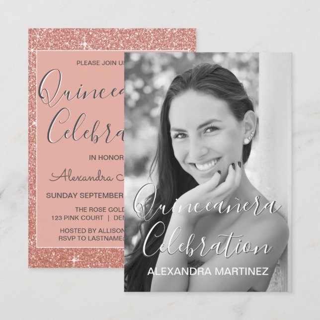 Invitación Foto de Rosa Purpurina de oro - Celebración de Qui (Anverso / Reverso)