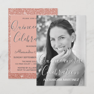 Invitación Foto de Rosa Purpurina de oro - Celebración de Qui