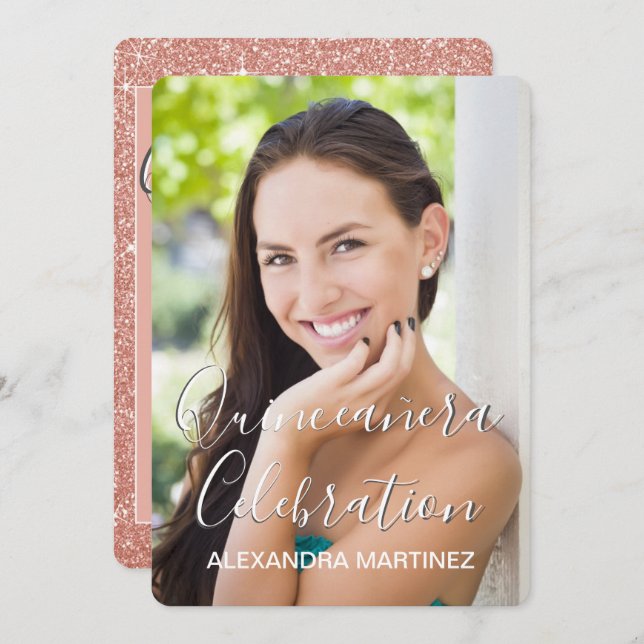 Invitación Foto de Rosa Purpurina de oro - Celebración de Qui (Anverso / Reverso)