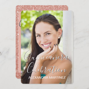 Invitación Foto de Rosa Purpurina de oro - Celebración de Qui