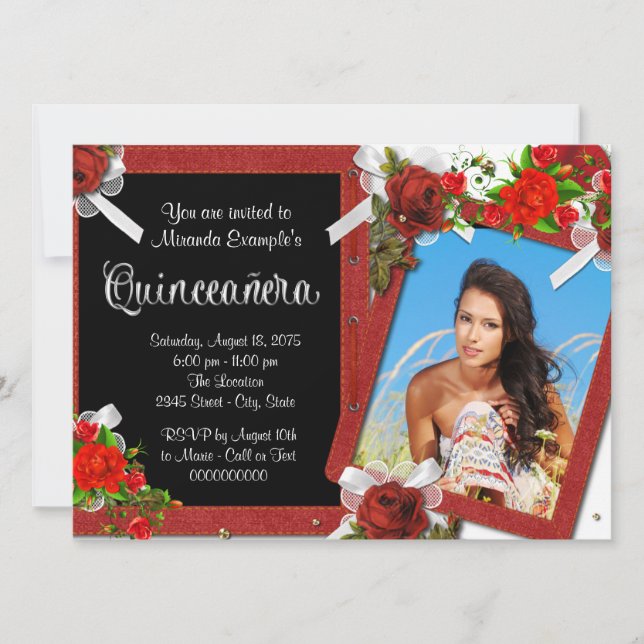 Invitación Foto de Rosa Roja Quinceañera (Anverso)