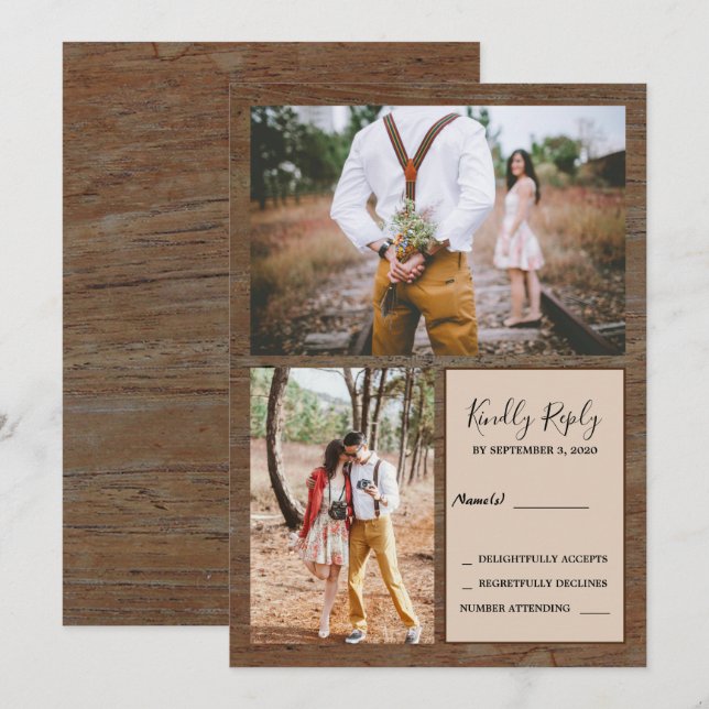 Invitación Foto de RSVP boda en madera de granero rústico (Anverso / Reverso)