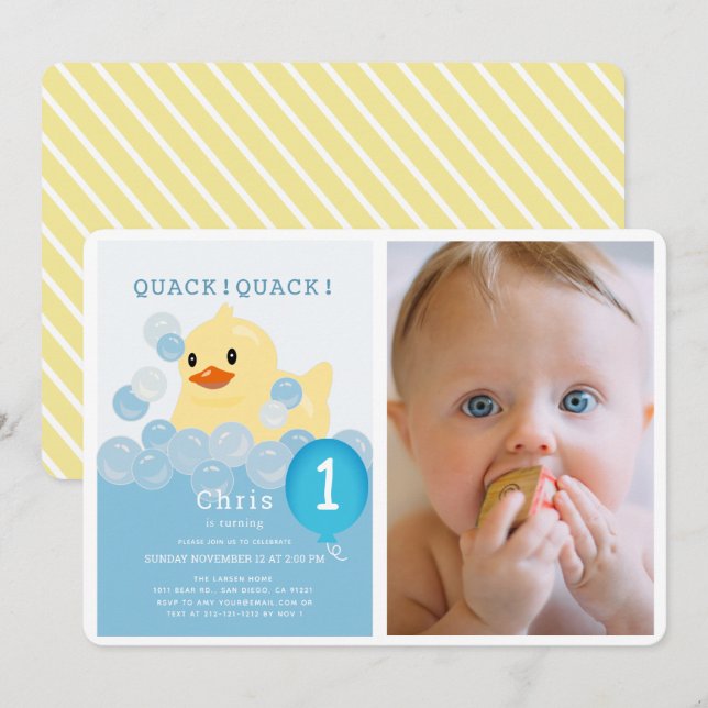 Invitación Foto de Rubber Ducky Blue Boy primer cumpleaños (Anverso / Reverso)