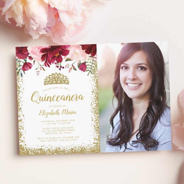 Invitación Foto de Rubor Burgundy Floral Gold Tiara Quinceane (Subido por el creador)