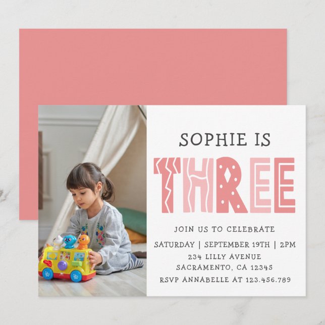Invitación Foto de Rubor Pink 3º cumpleaños (Anverso / Reverso)