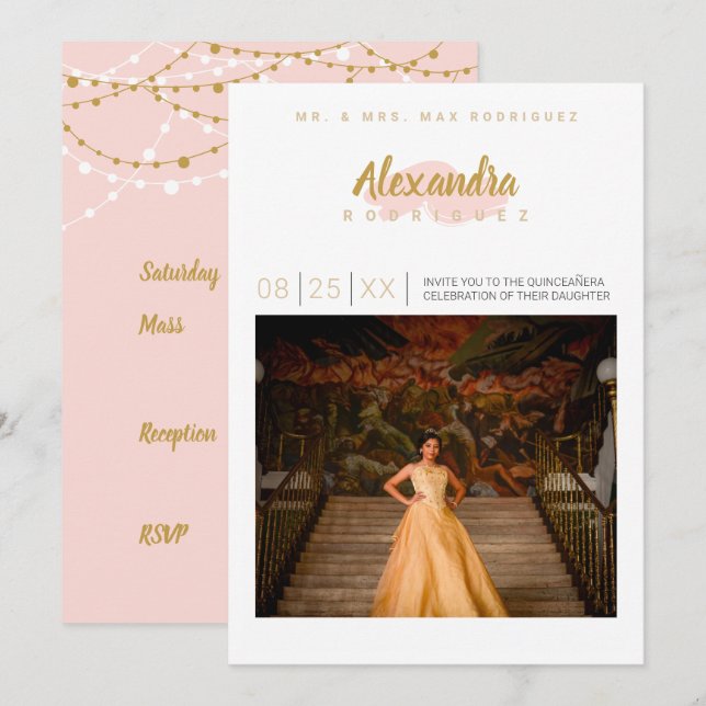 Invitación Foto de Rubor Rosa y Oro Quinceanera (Anverso / Reverso)