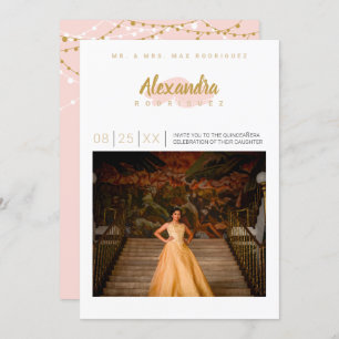 Invitación Foto de Rubor Rosa y Oro Quinceanera
