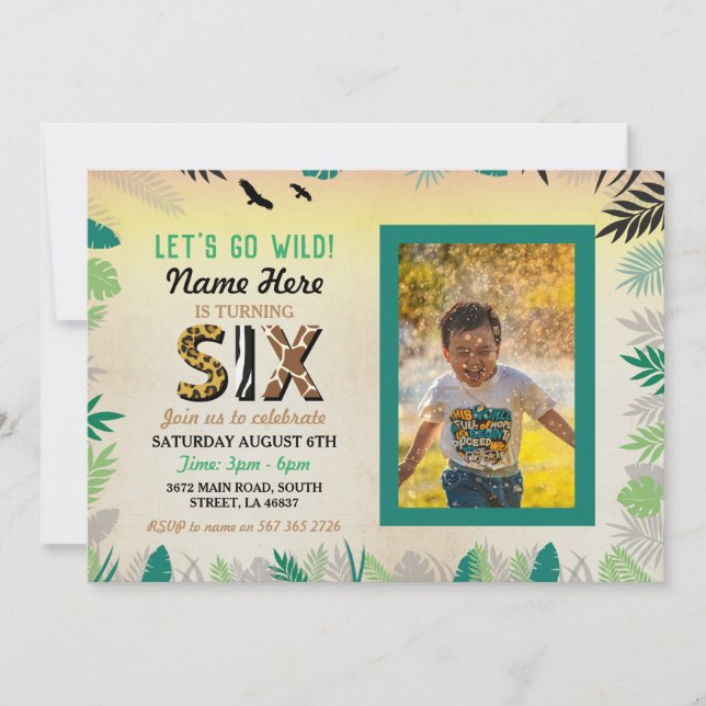 Invitación Foto de Safari ZOO de la Fiesta de los Seis Años S (Anverso)