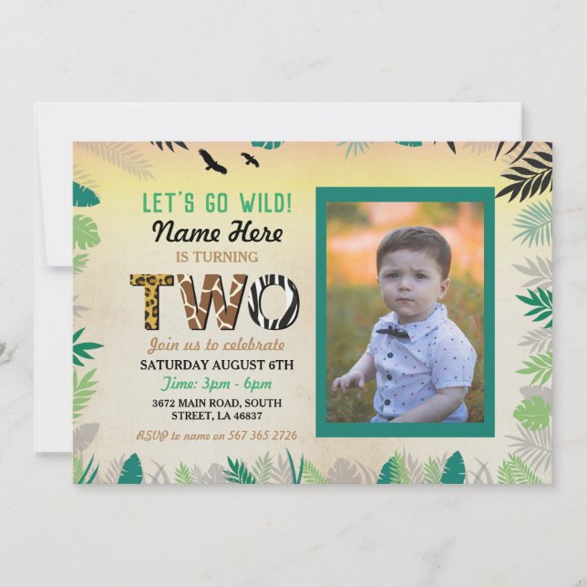 Invitación Foto de Safari ZOO, Fiesta de cumpleaños 2 en la s (Anverso)