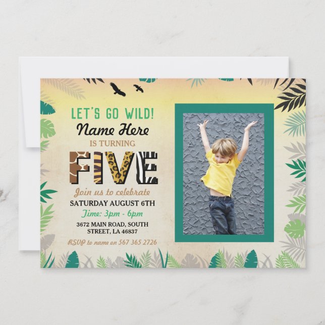 Invitación Foto de Safari ZOO, la quinta fiesta de cumpleaños (Anverso)
