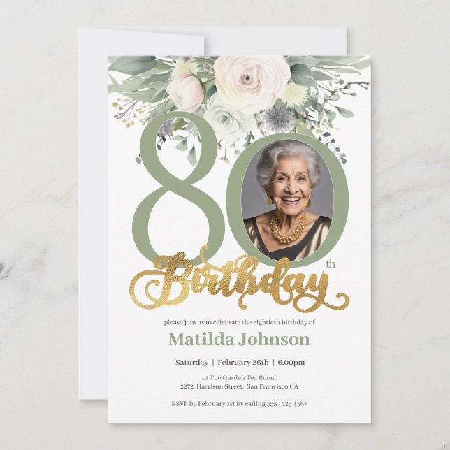 Invitación Foto de Sage y Gold Floral 80 cumpleaños (Anverso)