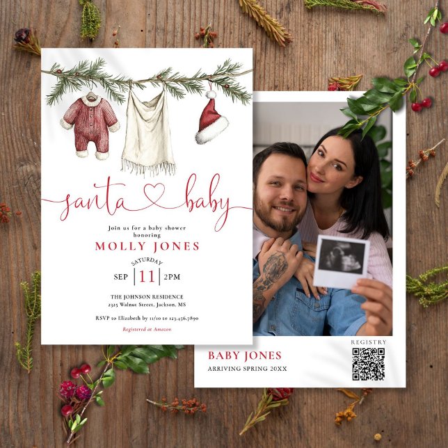 Invitación Foto de Santa Baby Clothesline Baby Shower Código  (Santa Baby Clothesline Photo QR Code Baby Shower Invitation)