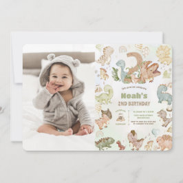 Invitación Foto de segundo cumpleaños de Cute Happy Dinosaurs