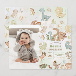 Invitación Foto de segundo cumpleaños de Cute Happy Dinosaurs