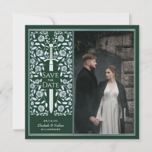 Invitación Foto de Silver Green Medieval Sword Save the Date