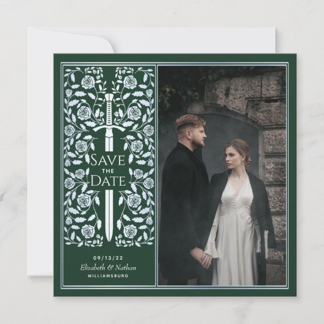 Invitación Foto de Silver Green Medieval Sword Save the Date (Anverso)