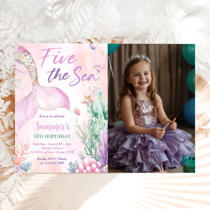 Invitación Foto de sirena rosa cumpleaños 5 cinco el mar